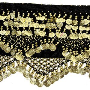 Black Panne’ Velvet Belly Dance Hip Scarf with Five rows of Gold Coins